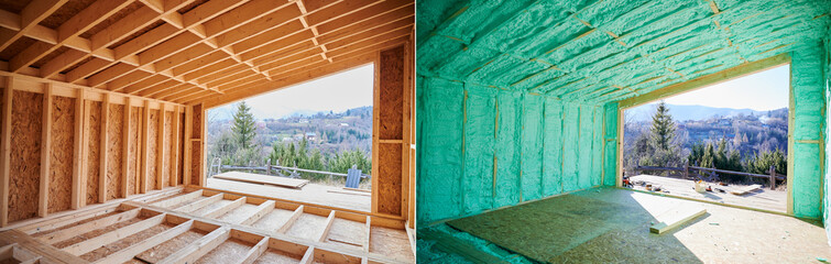 Photo collage before and after thermal insulation room in wooden frame house in Scandinavian style barnhouse. Comparison of walls sprayed by polyurethane foam. Construction and insulation concept. - obrazy, fototapety, plakaty