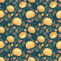 Autumn seamless pattern. Color background. Hand drawn watercolor ornament with pumpkins, colorful leaves and berries for wrapping paper, fabrics, design, decorations.