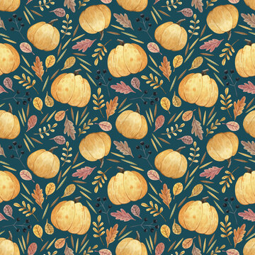 Autumn seamless pattern. Color background. Hand drawn watercolor ornament with pumpkins, colorful leaves and berries for wrapping paper, fabrics, design, decorations.