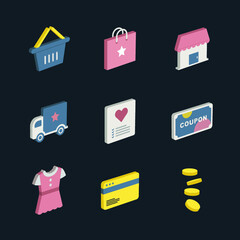set of 3d icons for shopping, delivery and payment