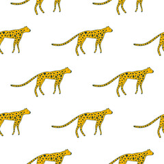 Hand drawn cute leopard seamless pattern. Doodle cheetah endless wallpaper.
