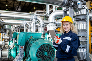 Portrait of female power plant worker holding tablet computer and analyzing production results of...