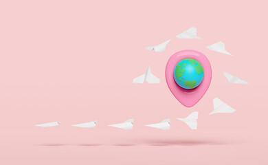 3d world map and pin with paper plane isolated on pink. abstract background, map earth travel, air cargo trucking concept, 3d render illustration