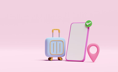 3d suitcase with mobile phone, smartphone, pin, check marks icon isolated on pink background. summer travel, online hotel booking service concept, 3d render illustration