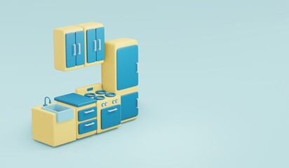 3d Rendering of kitchen counter and cabinet on background concept of bedroom. 3d render illustration cartoon style.