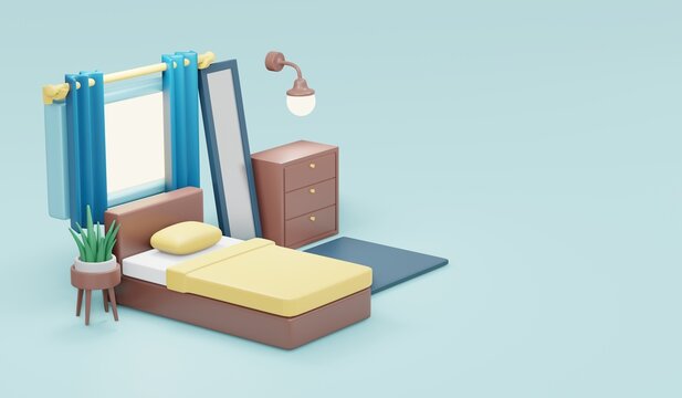 3d Rendering Of Bedroom Furniture Bed Drawers Wall Lamp Plant Mirror On Background Concept Of Bedroom. 3d Render Illustration Cartoon Style.