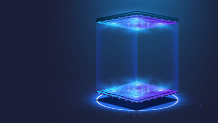 Futuristic empty stage. Modern Future background technology Sci-fi interior concept. Podium for show your product. futuristic cyberpunk concept. Pedestal for presentation product. Game Lab. Vector