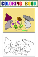 Set of coloring book and color picture. Living mushroom, characters are playing with an acorn.