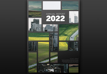 Gray Annual Report Front Cover Page Layout with Two Photo Mosaic Placeholder