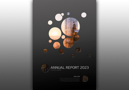Dark Annual Report Front Cover Page Layout with Photo and Circle Masks