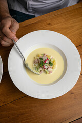 Okroshka soup. Cold soup with potatoes, radishes, yogurt
