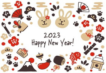 年賀状素材　イラストセット　卯年　2023年　正月　装飾　アイコン　小物