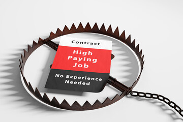 High payment job, but no experience needed job recruitment poster is placed in a bear trap to illustrate the concept of recruiter trap.
