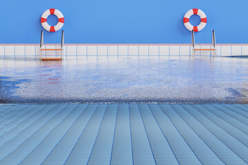 3D cartoon character Swimming pool with ladder and lifebuoy, blue baceground - 3D render illustration