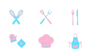 Cute collection of colorful kitchen utensils and tableware. Vector illustration. Can be used for wallpaper, pattern fills, textile, web page background, surface textures.