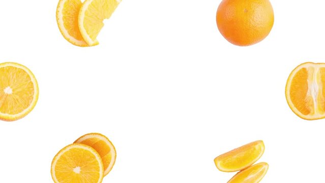Set from pieces of fresh oranges and lemons, isolated on white background, stop motion	