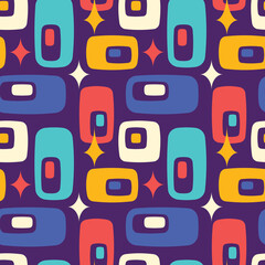 Mid-century modern seamless pattern. Abstract geometric background design. Multicolor design elements on purple background. Vector illustration. 