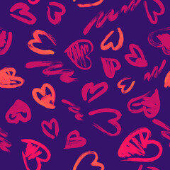 Hand drawn texture. Hearts, brush strokes, seamless pattern made with ink.