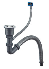 Drain system for the kitchen sink is made of gray plastic, equipped with an overflow assembly,...