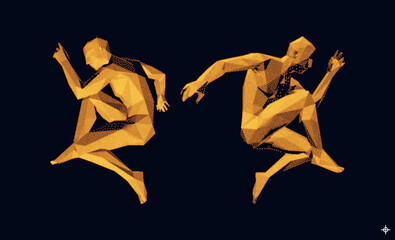 The couple dance back to back in a squat. 3d model of man. Dance party invitation. Music event flyer or banner. Vector illustration composed of particles.