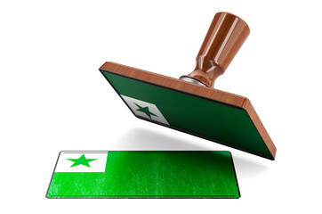 Wooden stamper, seal with esperanto flag, 3D rendering