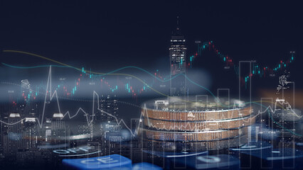 Fototapeta premium Double exposure of city and rows of coins for money, finance and saving, business concept.