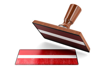Wooden stamper, seal with Latvian flag, 3D rendering - obrazy, fototapety, plakaty