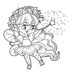 Fototapeta premium Cute cartoon little fairy cast spells with magic wand color variation for coloring on white background