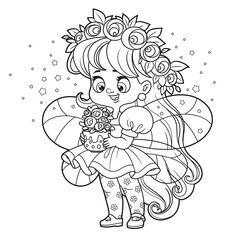 Cute cartoon little fairy holding a flower pot outlined for coloring on white background