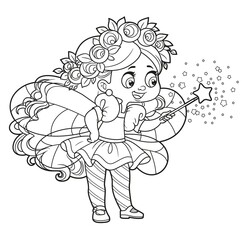 Cute cartoon little fairy with a wreath on head and curly long hair conjures magic wand outlined for coloring on white background