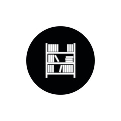 Bookshelf icon circle background black color isolated. Bookstore icon. Library icon.
