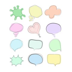 set of cartoon speech bubble in linear style of different colors and shapes, Think and talk speech bubbles round, curved, heart shaped, rectangular for design, Vector illustration in sketch style