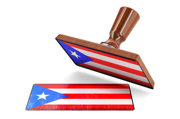Wooden stamper, seal with Puerto Rican flag, 3D rendering