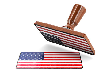 Wooden stamper, seal with the United States flag, 3D rendering