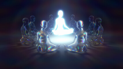 3d illustration a spiritual teacher in a body of light illuminates meditators with his presence - obrazy, fototapety, plakaty
