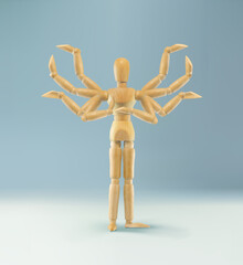 Multitask dummy with many hands. Concept of well organized work. Multi Tasking. Productivity skill. Business concept. Time management