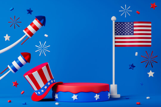 3d rendering USA independence day cylinder podium with fireworks, National flag and hat.