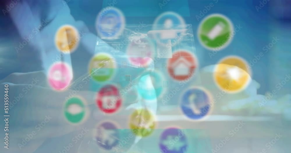 Poster animation of network of connections with icons over moving screens