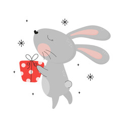 Happy new year funny cute rabbit with a gift box