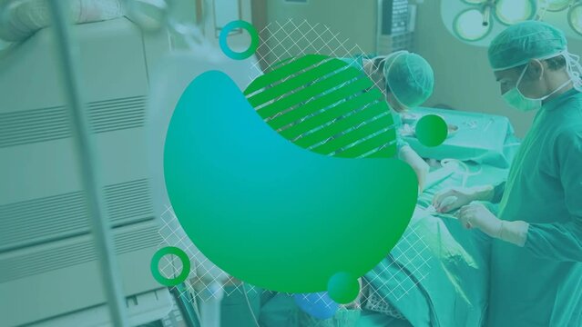 Animation of 3d geometrical green shapes over surgeon in operating theatre