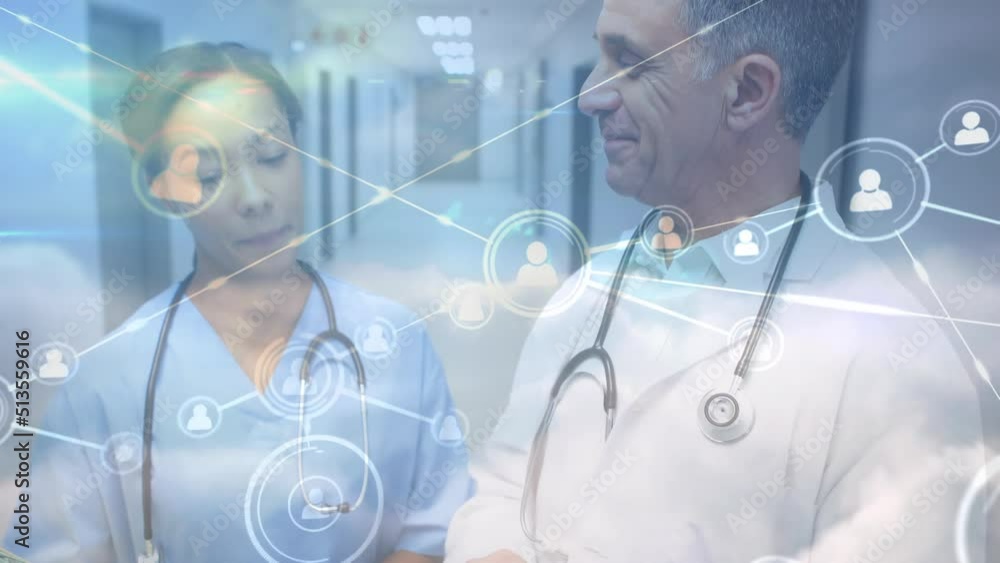 Poster animation of data processing over diverse doctors talking
