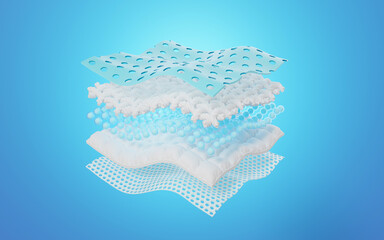 Realistic layered material excellent breathability, moisture absorbing fiber sheets with 5 sections. Odor and water absorbent materials for baby and adult diapers, sanitary pad advertising. 3d render.