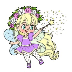 Cute cartoon little fairy cast spells with magic wand color variation for coloring on white background