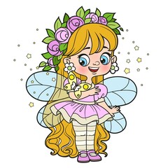 Cute cartoon little fairy looking at a butterfly color variation for coloring page isolated on a white background