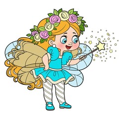 Cute cartoon little fairy with a wreath on head and curly long hair conjures magic wand color variation for coloring page isolated on white background