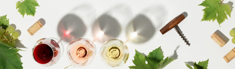 Wine composition with beautiful sunlight and shadows on white background. Top view, flat lay