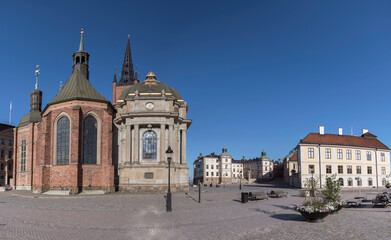 Fototapeta premium The square Birger Jarls Torg with the church Riddarholmskyran and court houses a sunny summer day in Stockholm