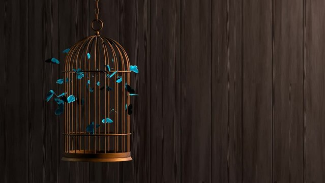 Many blue butterflies fly inside of a golden old fashioned cage on wooden background 3d 4k animation with copy space. Concept of trapped soul and mind