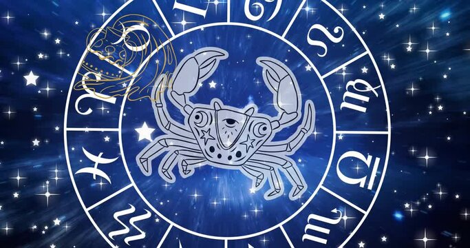 Animation of cancer over rotating zodiac wheel over cosmos