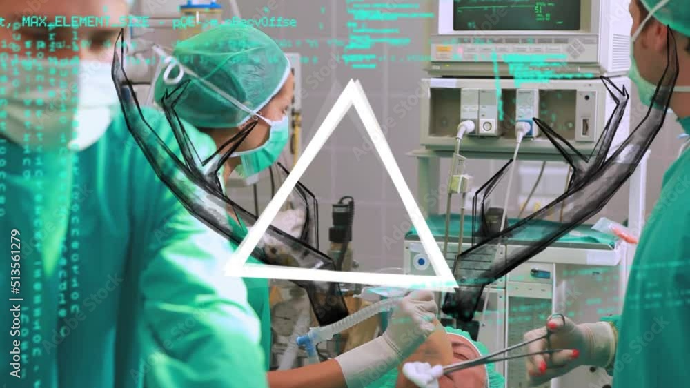 Poster animation of triangles and data processing over diverse surgeons in operating theater